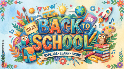 A rich and colorful watercolor textured vector poster featuring a large "Back to School" title text surrounded by a school bus, flying rocket, smart owls, books, a globe, and an artist palette