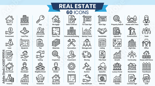 Real estate line icons set, 60 property and mortgage vector symbols, professional housing and construction industry graphic elements for web design