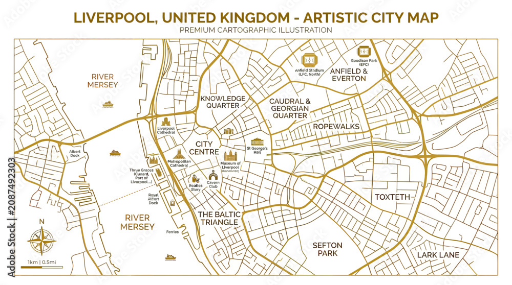 Fototapeta premium Artistic Liverpool City Map Illustration - Premium Cartographic Design