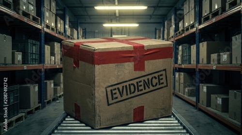 Large evidence box on warehouse conveyor belt with red tape