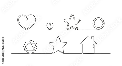 Minimal continuous line art with hearts stars and house.