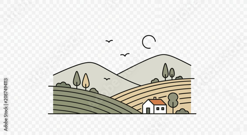 Minimalist landscape illustration with hills and farm house.