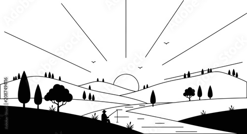 Minimalist landscape illustration with sun and rolling hills.