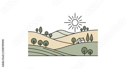 Minimalist landscape illustration with rolling hills and sun.