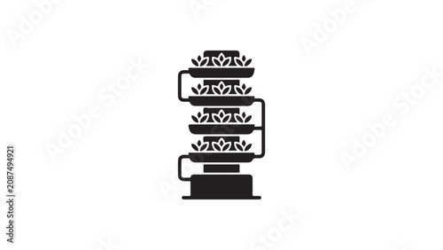 Vertical hydroponic farm icon in black and white depicting a stacked system for sustainable agriculture and efficient urban farming with rows of plants in a tiered structure representing modern