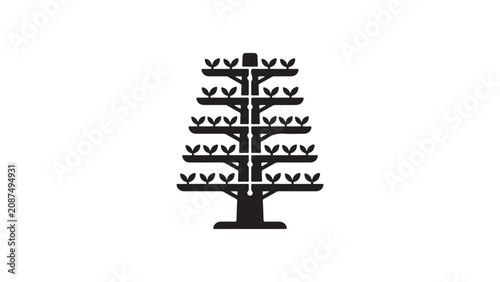 Vertical hydroponic farm icon depicting a minimalist treelike growing system for sustainable agriculture and indoor farming with leafy vegetables in black silhouette style