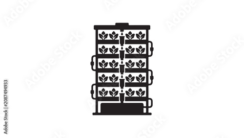 Vertical hydroponic farm vector icon illustration showing modern agricultural system with stacked trays growing plants using waterbased nutrient solutions for sustainable urban farming