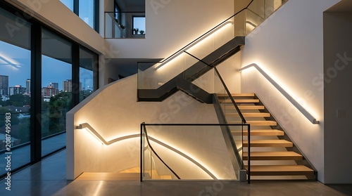 Modern staircase interior with led strip lighting in contemporary hallway staircase interior lighting railings