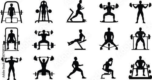 Quadro su tela Flat vector silhouettes of athletes weightlifting, squatting, lunging, exercisin