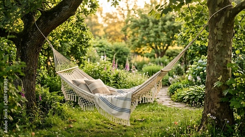 Cozy Hammock Hanging Between Trees in Lush Green Garden