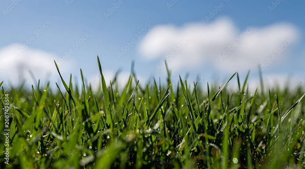 Fototapeta premium Close up view of lush green grass against a blue sky with white clouds.