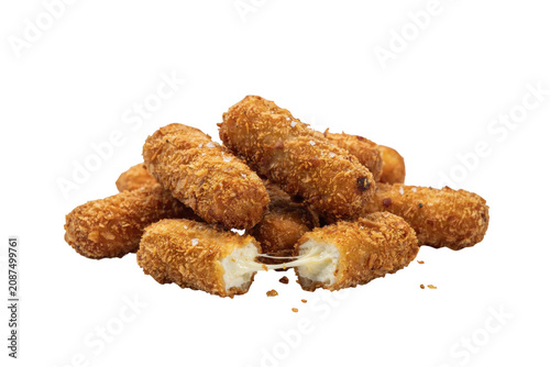 A pile of crispy golden fried mozzarella cheese sticks with melted cheese stretching between two broken pieces, isolated on a black background