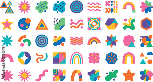 Trendy geometric abstract element collection featuring colorful retro shapes wavy lines stars and arches vector asset graphic design set