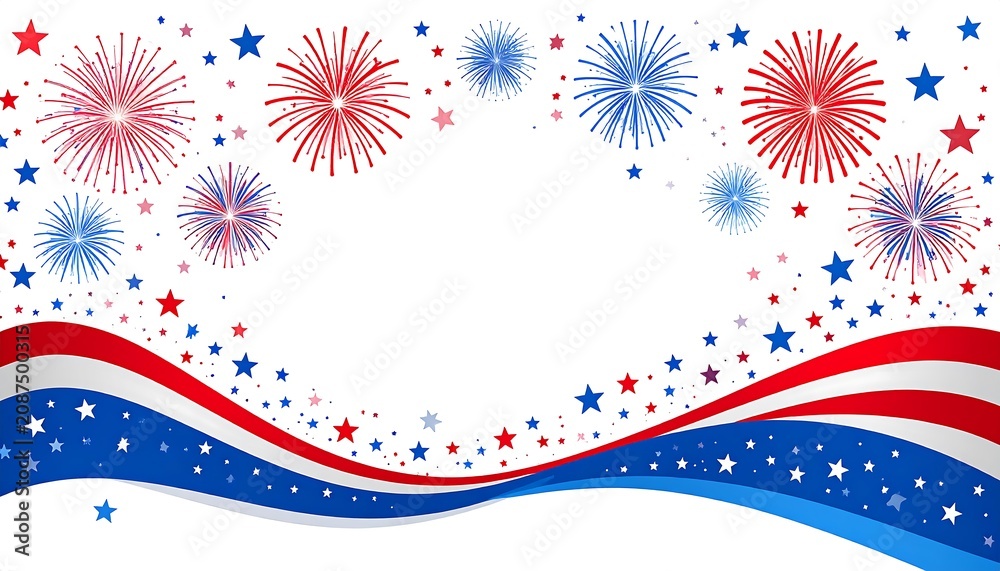 Obraz premium Red White and Blue Swoosh Wave with Fireworks on White 