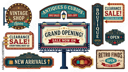 Bild auf Leinwand Vintage Signs Collection: Grand Opening, Clearance Sale, New Arrivals, Boutique