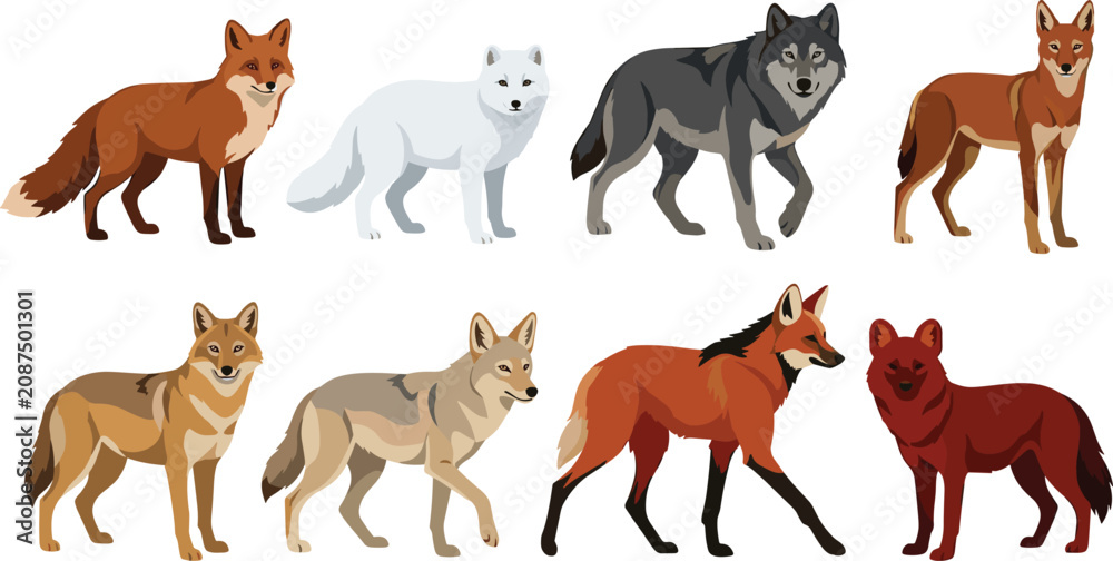 Obraz premium Wild Canid Vector Collection Featuring Foxes Wolves Coyotes and Arctic Fox Color Wildlife Illustrations