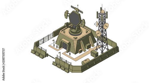 Isometric military radar station with communication tower and bunker vector illustration