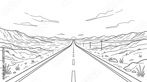 фотографія Desert Highway Vanishing Point Perspective Drawing with Mountains and Sunset