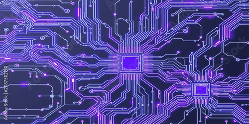 Bild auf Leinwand Abstract Blue Printed Circuit Board Background with Digital Microchip Technology