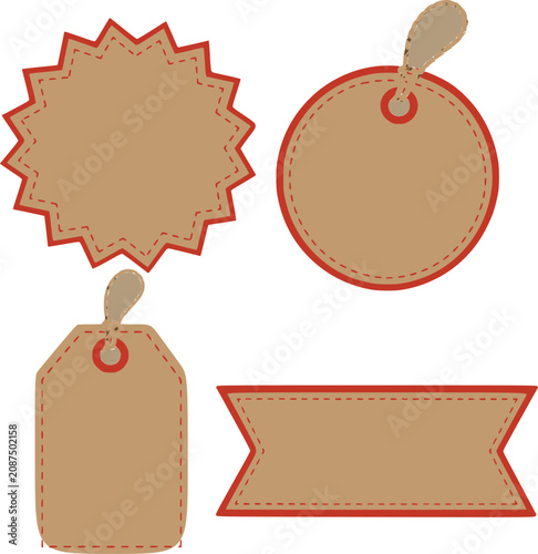 Set of kraft paper price tags with red border and stitch details