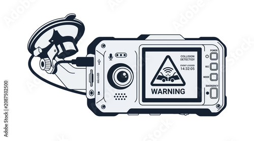 Car dashboard camera with suction cup mount and warning.