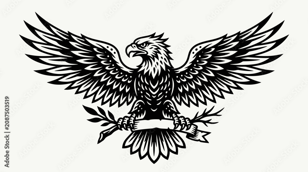 Fototapeta premium Eagle Emblem with Laurel Branch and Banner - Black and White Graphic