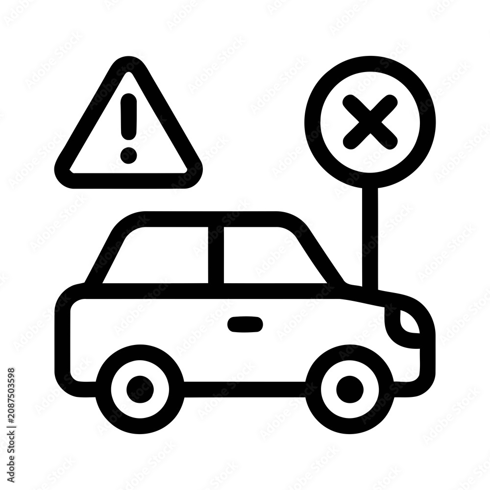 Naklejka premium Outline Style Warning Sign and Forbidden Symbol Displayed Next to a Car Icon