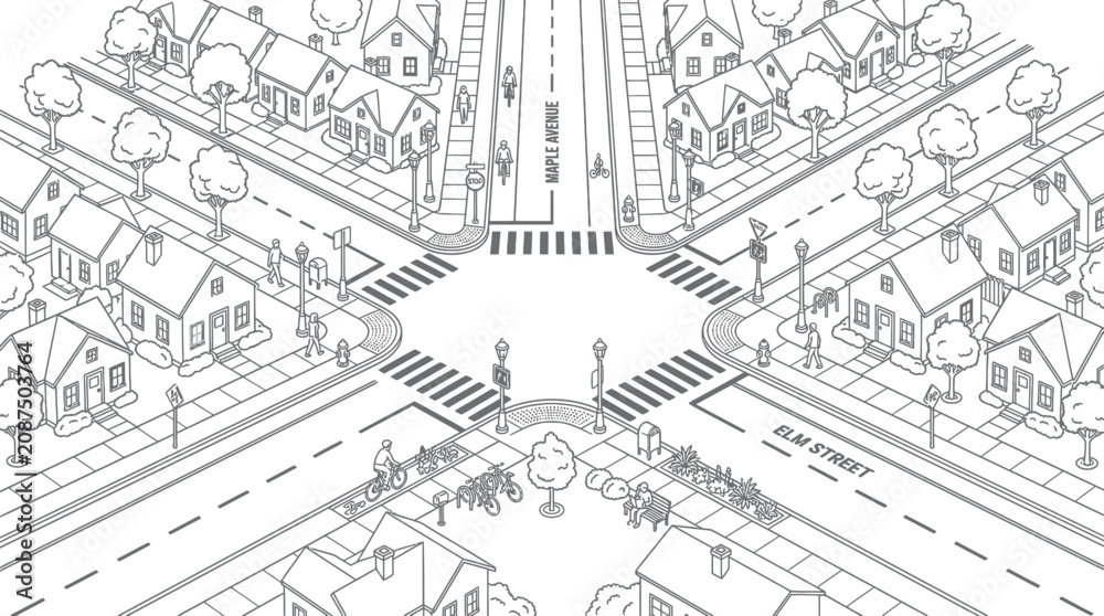 Fototapeta premium Aerial View of Suburban Intersection with Houses, Roads, and Pedestrians