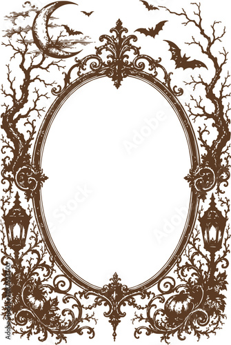 Spooky Sepia Gothic Halloween Oval Frame with Bats and Moon