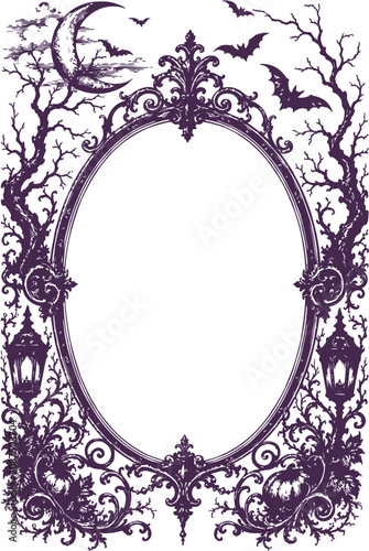 Spooky Purple Gothic Halloween Oval Frame with Bats and Moon