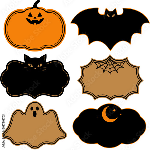 Flat Cute Halloween Frame and Label Set with Pumpkin Ghost Cat