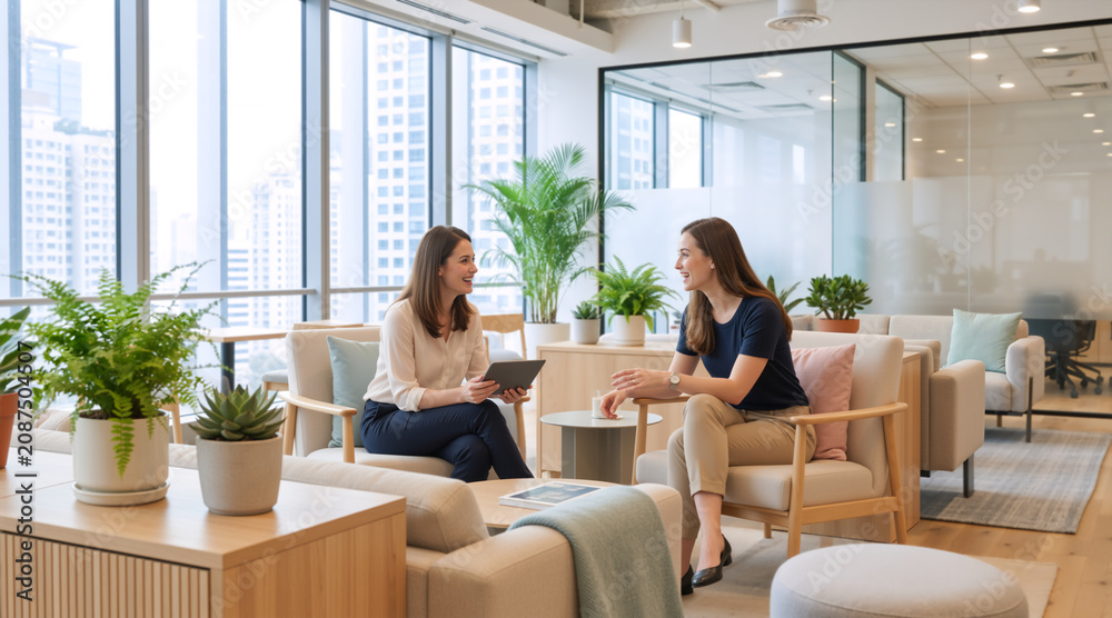 Fototapeta premium Businesswomen discussing a project with a tablet in a modern office lounge. Professional female colleagues talking in a bright workspace. Corporate lifestyle concept