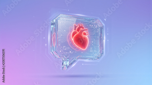 Glowing red anatomical heart inside transparent glass speech bubble. Digital health and telemedicine concept. 3D illustration of medical technology on gradient background
