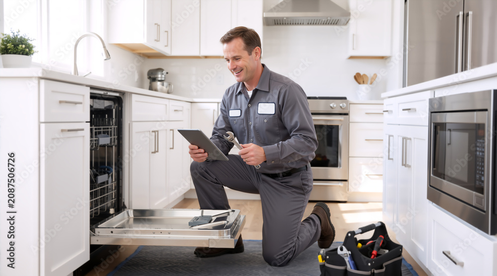 Fototapeta premium Professional technician with tablet and wrench repairing a dishwasher. Smiling repairman in grey uniform working in a modern white kitchen