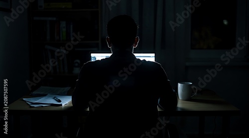 Silhouette of a man working late at night on a computer in a dark room.