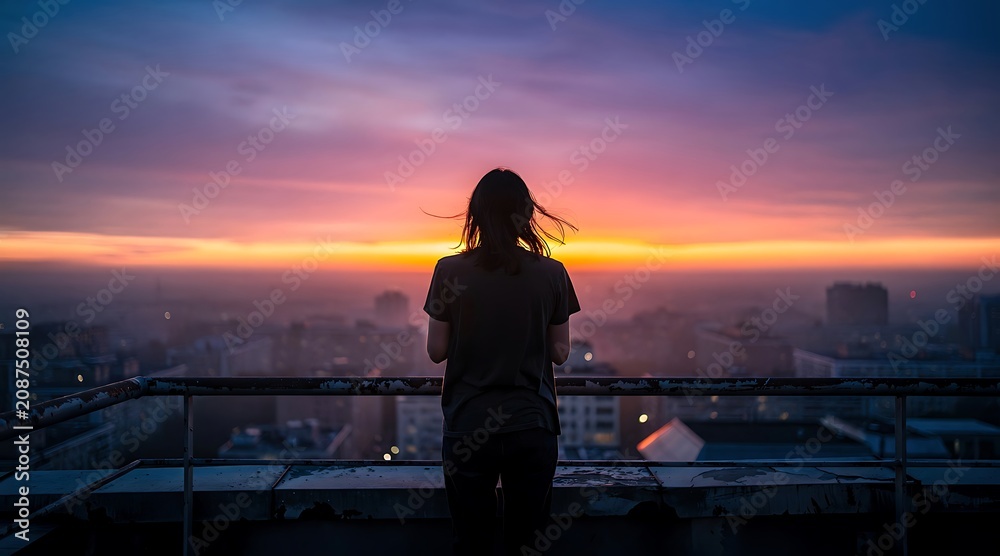 Fototapeta premium Silhouette of a woman standing on a rooftop watching the sunset over a city.