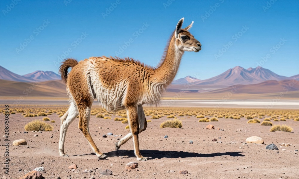 Fototapeta premium Wild Llama Walking in Arid Desert Landscape with Mountains Under Clear Blue Sky