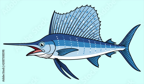 Obraz na plátně Marlin Sailfish with Large Dorsal Fin Ocean Wildlife - Animals Vector Illustrati