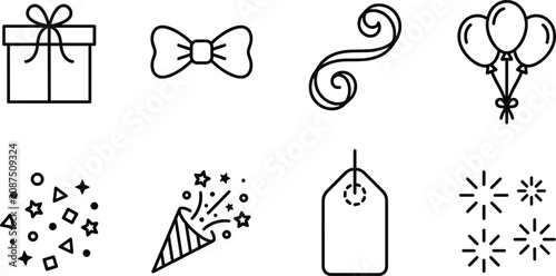 Photos Celebration icons with gift bow flourish balloons confetti popper tag and firewo