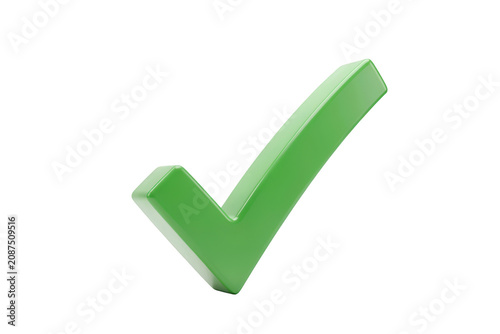 A thick 3d green check mark with a smooth surface, isolated on a white background, representing a positive choice or task completion