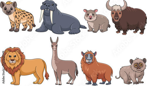 Photography Wild animal vector icon collection, cute cartoon safari zoo fauna characters iso