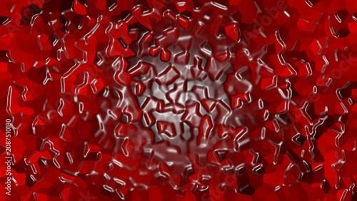 Fényképezés abstract background featuring a red crystalline or low-poly mosaic texture overlaid with a glossy, wet plastic or melted glass effect