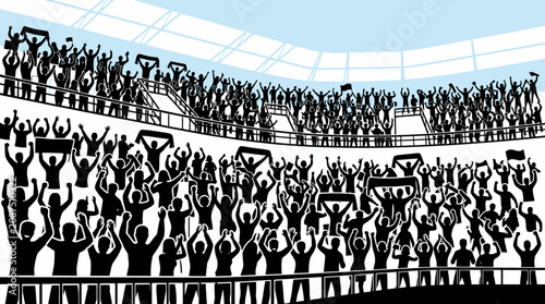 Cheering Sports Fans Stadium Crowd Silhouettes Black White.
