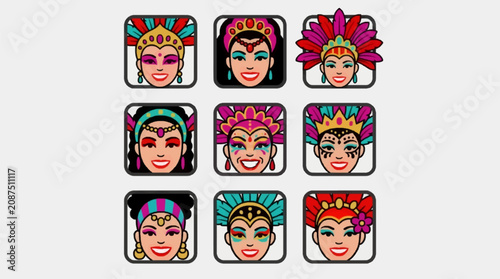 Photos Flat Vector Icons of Nine Diverse Women Faces with Elaborate Festival Headdresse
