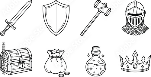 Fotografía Fantasy adventure icons including sword shield potion chest crown and armor silh