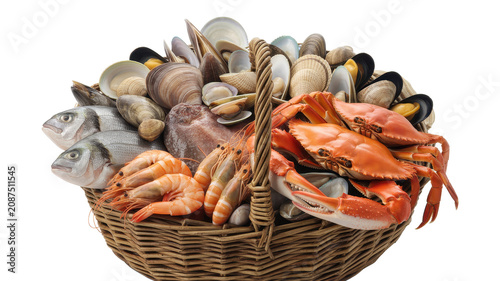 A woven wicker basket filled with fresh raw seafood including whole fish, orange crabs, pink shrimp, and various types of sea clams and mussels