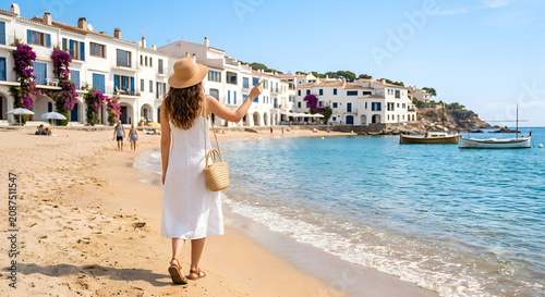 Woman in white dress standing on Mediterranean coastal path	