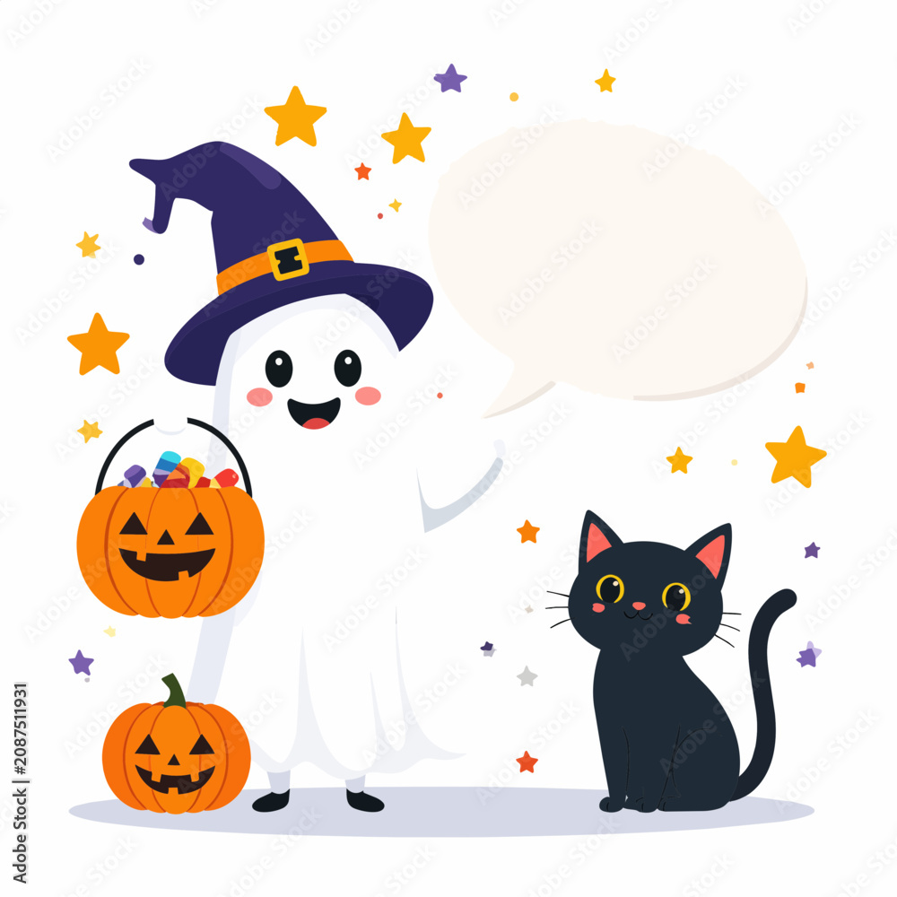 Fototapeta premium Cute ghost in witch hat with candy and black cat for Halloween vector illustration