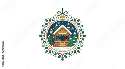 Clean Holiday Market Scene with Snowy Cabin Gift Boxes and Festive Decorations in a Circular Holly Wreath Frame