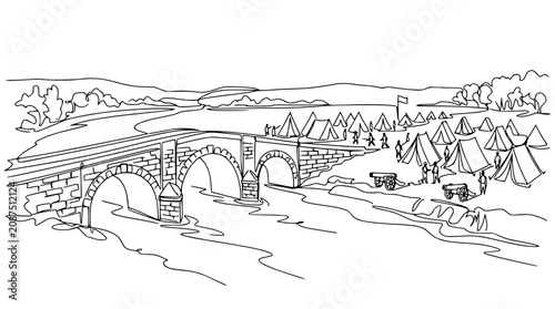 Εκτύπωση καμβά Arch bridge spanning river with military camp and tents